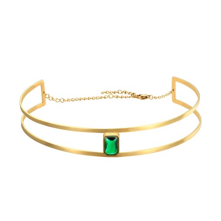 Choker Acero - Rígido Doble - Circonita Verde - Color Oro