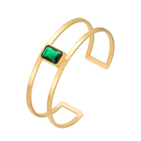 Pulsera Acero Esclava - Circonita Verde - 62mm - Color Oro