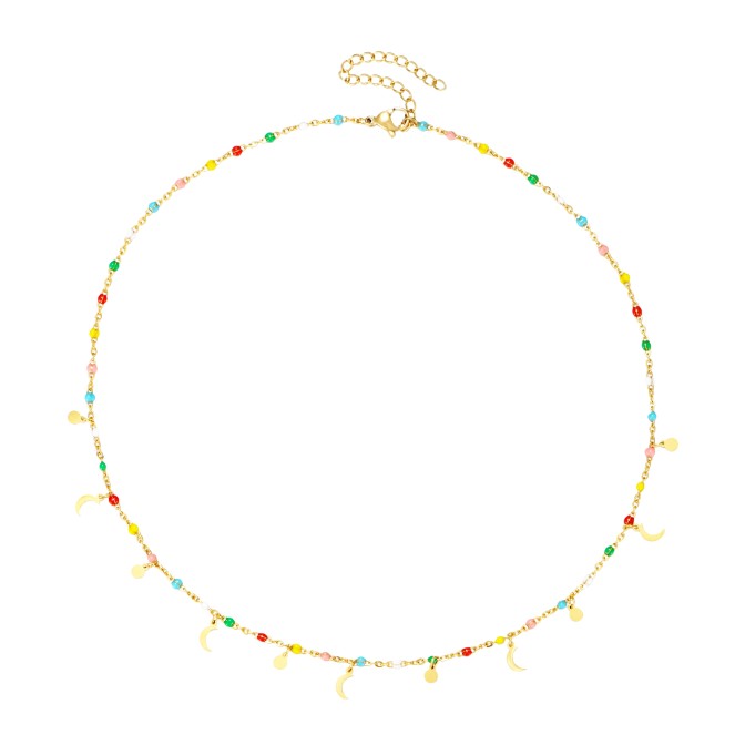 Collar Acero - Enamel Multi - Luna Chapa - 38+5 cm - Color Oro