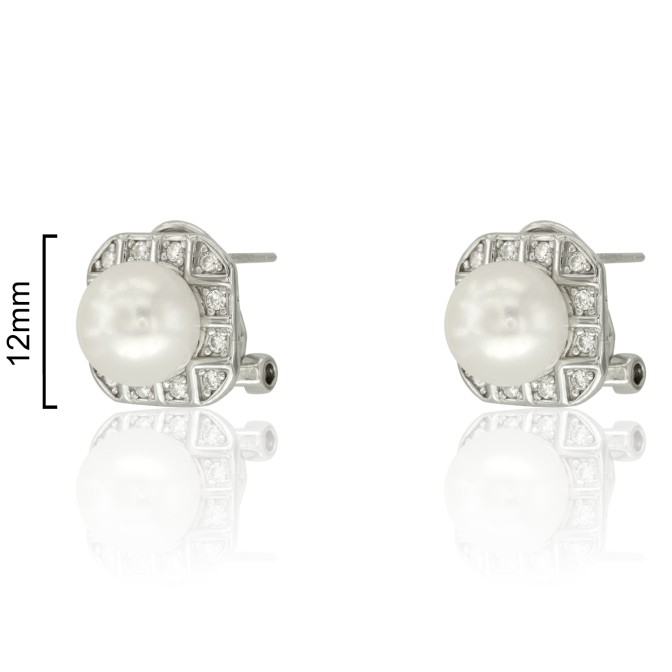 PENDIENTES OMEGA CIRCONITAS CON PERLA CENTRAL 12mm.