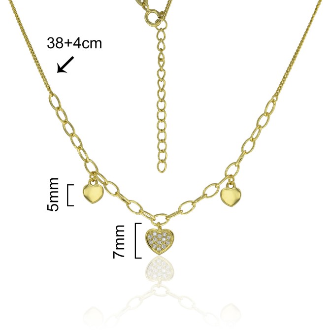 GARGANTILLA CORAZONES LISOS Y CIRCONITA 38cm+4cm