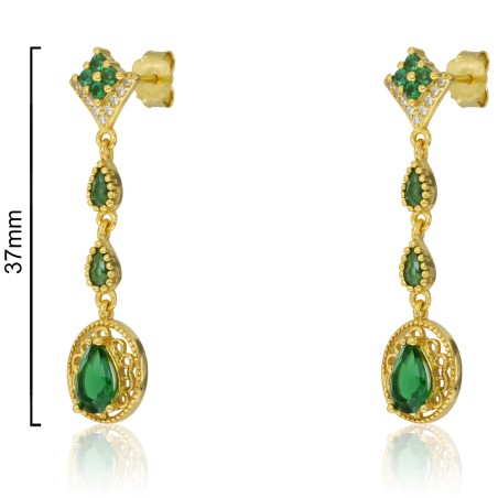 PENDIENTES "ISABELINA" LARGOS CON PIEDRAS VERDES PRESIÓN 33mm.