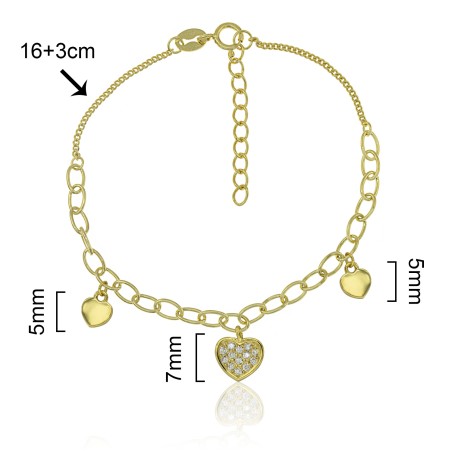 PULSERA CORAZÓN CIRCONITAS Y CORAZONES LISOS 16cm+3cm