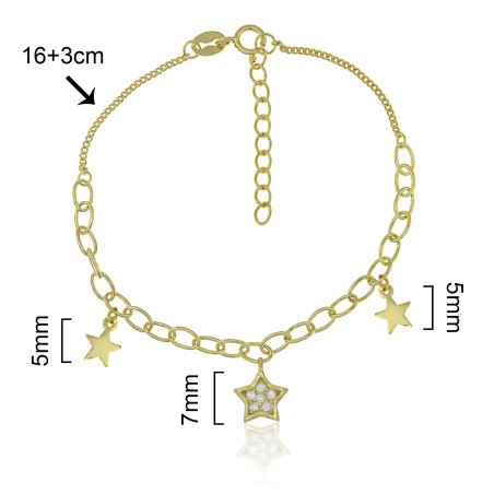 PULSERA ESTRELLA CIRCONITAS Y ESTRELLAS LISAS 16cm+3cm