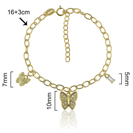 PULSERA ESLABONES CON MARIPOSAS Y MOTIVO DE CIRCONITA 16cm+3cm