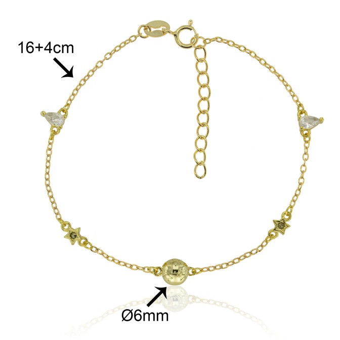PULSERA "TRIPLEX" BOLA + ESTRELLA + GOTA CIRCONITA Ø6mm. 16+4cm.