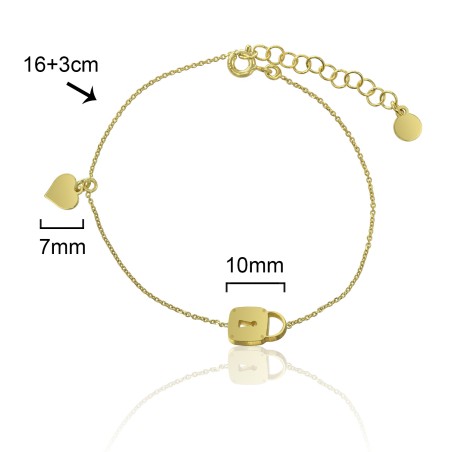 PULSERA CORAZÓN Y CANDADO LISOS CADENA FORZADA 16cm+3cm