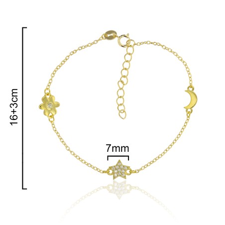 PULSERA 3 MOTIVOS FLOR-ESTRELLA-LUNA 16CM+3CM