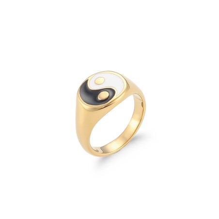 Anillo Acero - Enamel Yin y Yang - 13mm - Bañado Oro