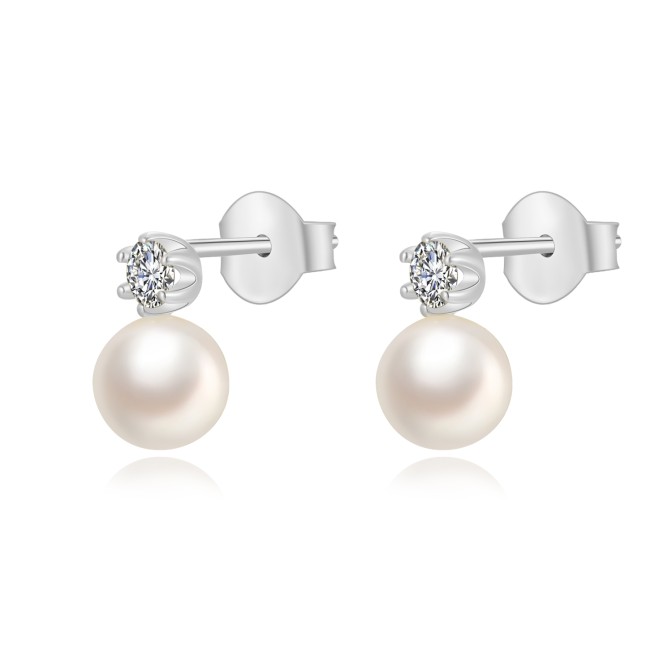 Pendientes Minerales Perla Cultivada - Circonita Blanca - 9 mm - Bañado oro y Plata Rodiada