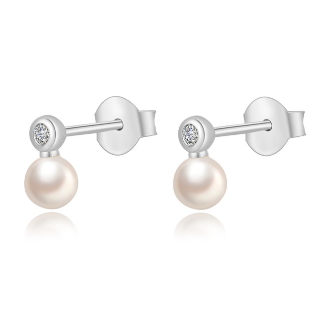 Pendientes Minerales Perla Cultivada - Circonita Blanca - 7,5 mm - Bañado oro y Plata Rodiada