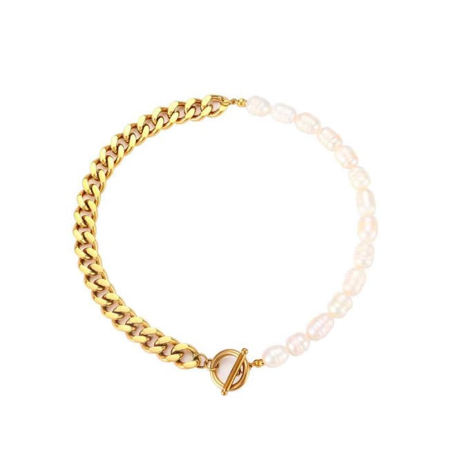 Collar Acero - Perla 4mm - 39 CM - Bañado Oro