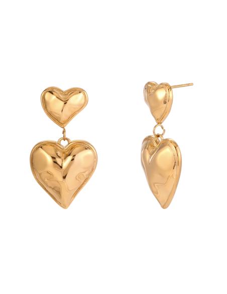 Pendientes Acero - Doble Corazon - 20 &amp;amp; 14 mm - Color Oro