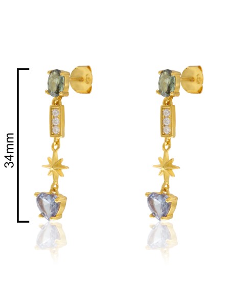 CPE1599 - PENDIENTES LARGOS PIEDRA OVAL ESTRELLA CENTRAL COLGANTE TALLA CORAZÓN