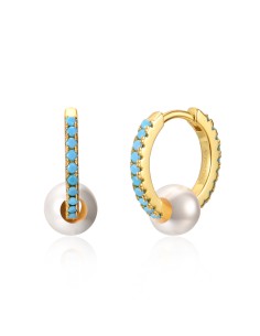Pendientes Aro 15mm Turquesa Perla Bañado Oro 2