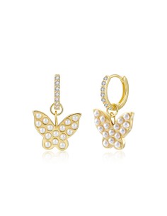 Pendientes Circonita Perla Aro Mariposa 11 mm Baño en Oro 2