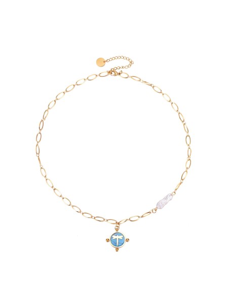 Collar Acero Perla - Libélula- Enamel - 45+5cm