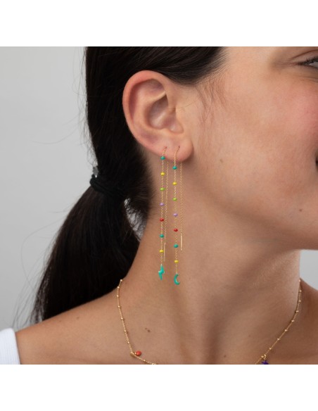 Pendientes Cadena Luna - 15,5 cm - Enamel Multi - Bañado Oro y Plata Rodiada