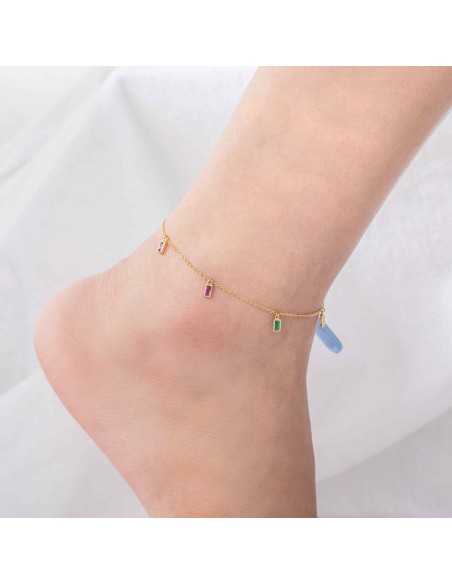 Tobillera Rectangulo - Circonita Multi - 23+2 cm - Bañado Oro y Plata Rodiada