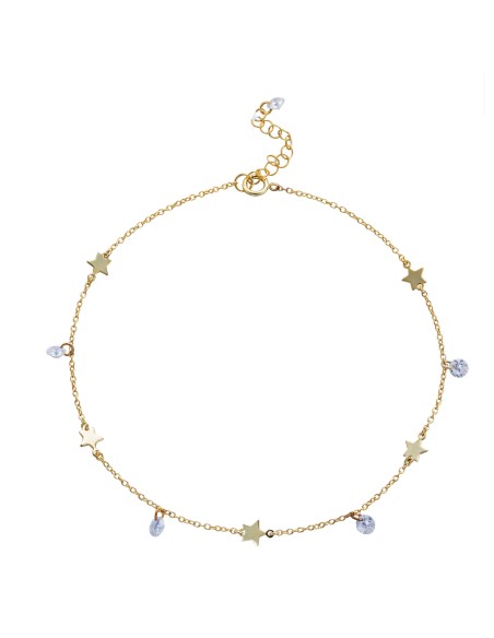 Tobillera Estrella - Circonita Blanca - 27 cm - Bañado Oro y Plata Rodiada