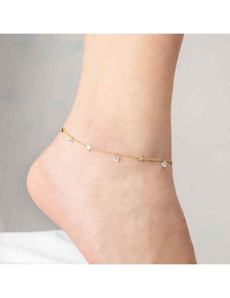 Tobillera Estrella - Circonita Blanca - 27 cm - Bañado Oro y Plata Rodiada