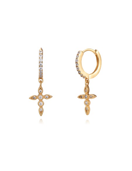 Pendientes Cruz Circonita - 11 + 11 mm - Bañado Oro y Plata Rodiada Pendientes Cruz Circonita - 11 + 11 mm - Bañado Oro y Plata Rodiada