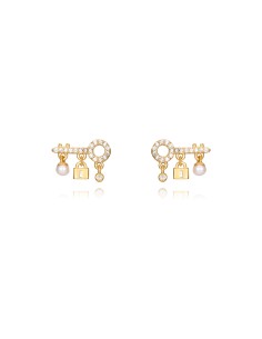 Pendientes Llave - Circonita Blanca Perla - 13 * 9 mm - Plata Bañado Oro y Plata Rodiada 2