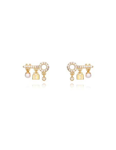 Pendientes Llave - Circonita Blanca Perla - 13 * 9 mm - Plata Bañado Oro y Plata Rodiada