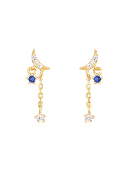 Pendientes Luna - Circonita Azul - 17 mm - Bañado Oro y Plata Rodiada