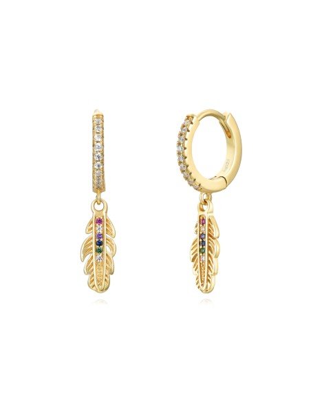 Pendientes Aro Pluma - Circonita Multi - 11 + 11 mm - Bañado Oro y Plata Rodiada
