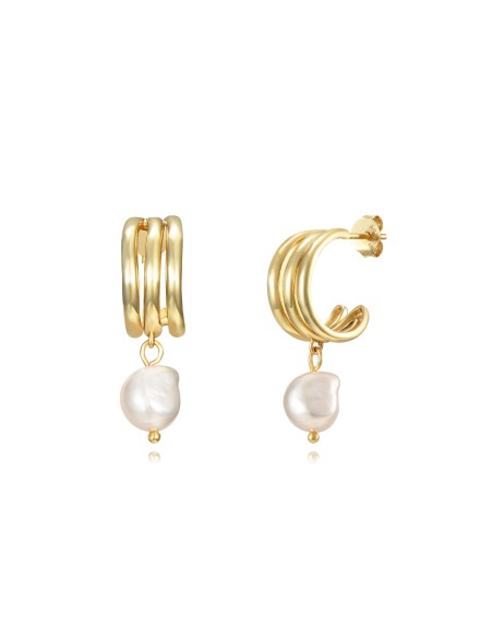 Pendientes Minerales Perla - Aro triple - 15 + 10 mm - Bañado Oro y Plata Rodiada Pendientes Minerales Perla - Aro triple - 15 + 10 mm - Bañado Oro y Plata Rodiada
