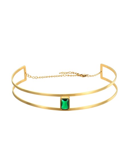 Choker Acero - Rígido Doble - Circonita Verde - Color Oro