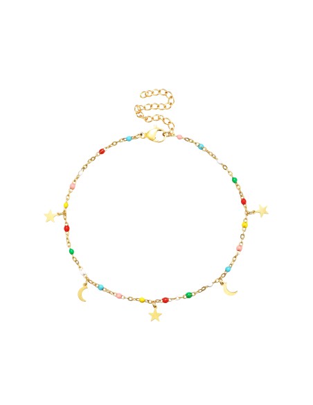 Tobillera Acero - Enamel Multi - Luna Estrella - 20+5 cm - Color Oro