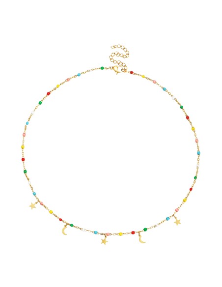 Collar Acero - Enamel Multi - Luna Estrella - 38+5 cm - Color Oro