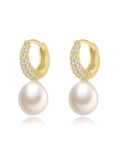 Pendientes Minerales Perla Cultivada - Aro Circonita Blanca - 20 mm - Bañado oro y Plata Rodiada 2