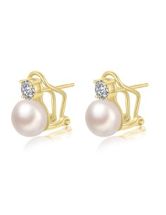 Pendientes Minerales Perla Cultivada - Circonita Blanca - 13 mm - Bañado oro y Plata Rodiada 2