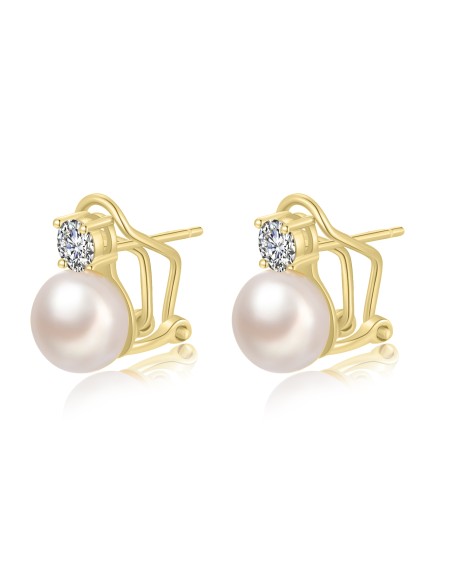 Pendientes Minerales Perla Cultivada - Circonita Blanca - 13 mm - Bañado oro y Plata Rodiada