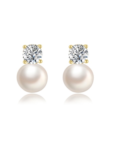 Pendientes Minerales Perla Cultivada - Circonita Blanca - 10 mm - Bañado oro y Plata Rodiada