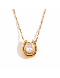 Collar Mineral - Símil Perla - 45+5 cm - Color Oro y Acero 2