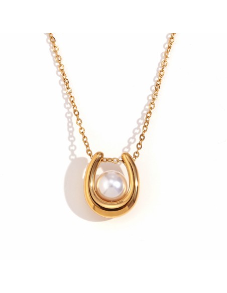 Collar Mineral - Símil Perla - 45+5 cm - Color Oro y Acero