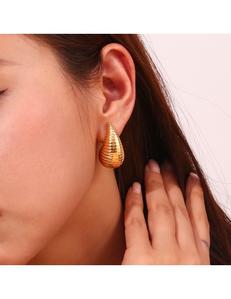 Pendiente Acero - Lágrima con rayas 31,50mm - Color Oro y Plata