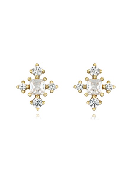 Pendientes Copo de Nieve - 9 mm - Circonita - Bañado oro y Plata Rodiada