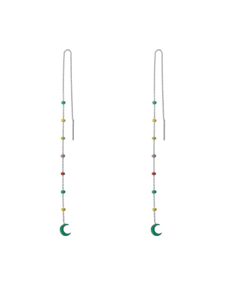 Pendientes Cadena Luna - 15,5 cm - Enamel Multi - Bañado Oro y Plata Rodiada