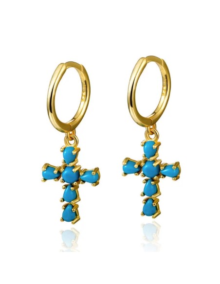 Pendiente Mineral - Cruz 9.5*12.50mm - Turquesa - Bañado Oro