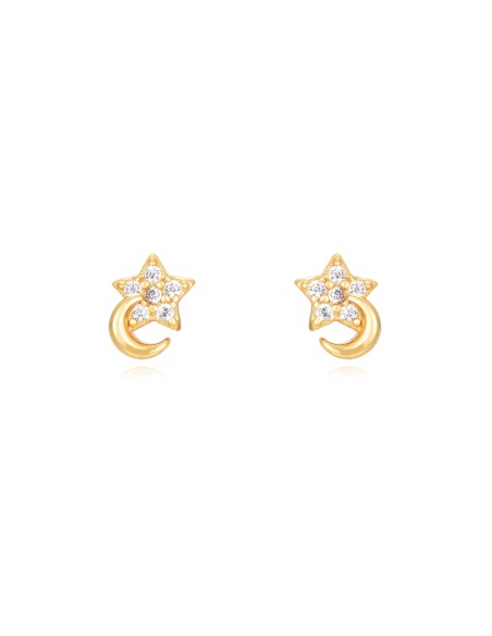 Pendientes Luna-Estrella - Circonita - 6 mm - Bañado Oro y Plata Rodiada