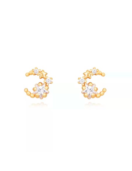 Pendientes Luna Estrella - Circonita Blanca - 6 mm - Bañado Oro y Plata Rodiada